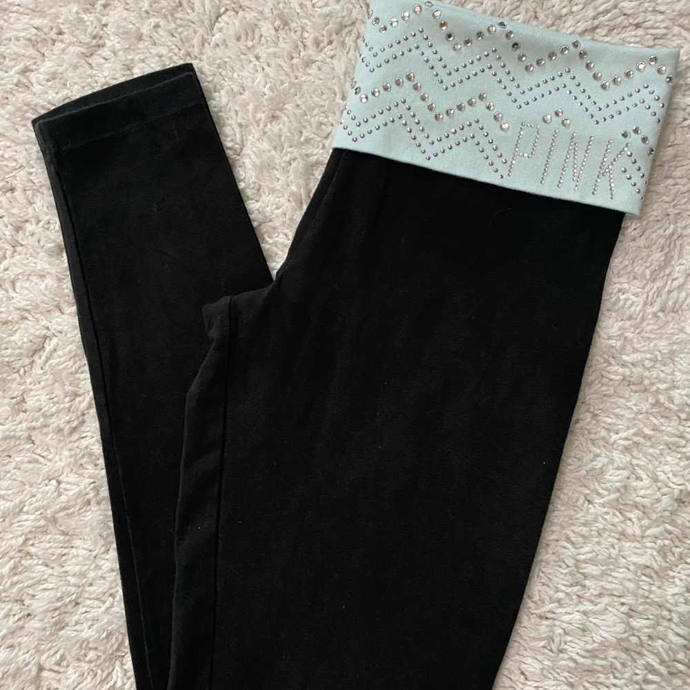 VS PINK black yoga pants light blue foldover waistband rhinestone sequins small